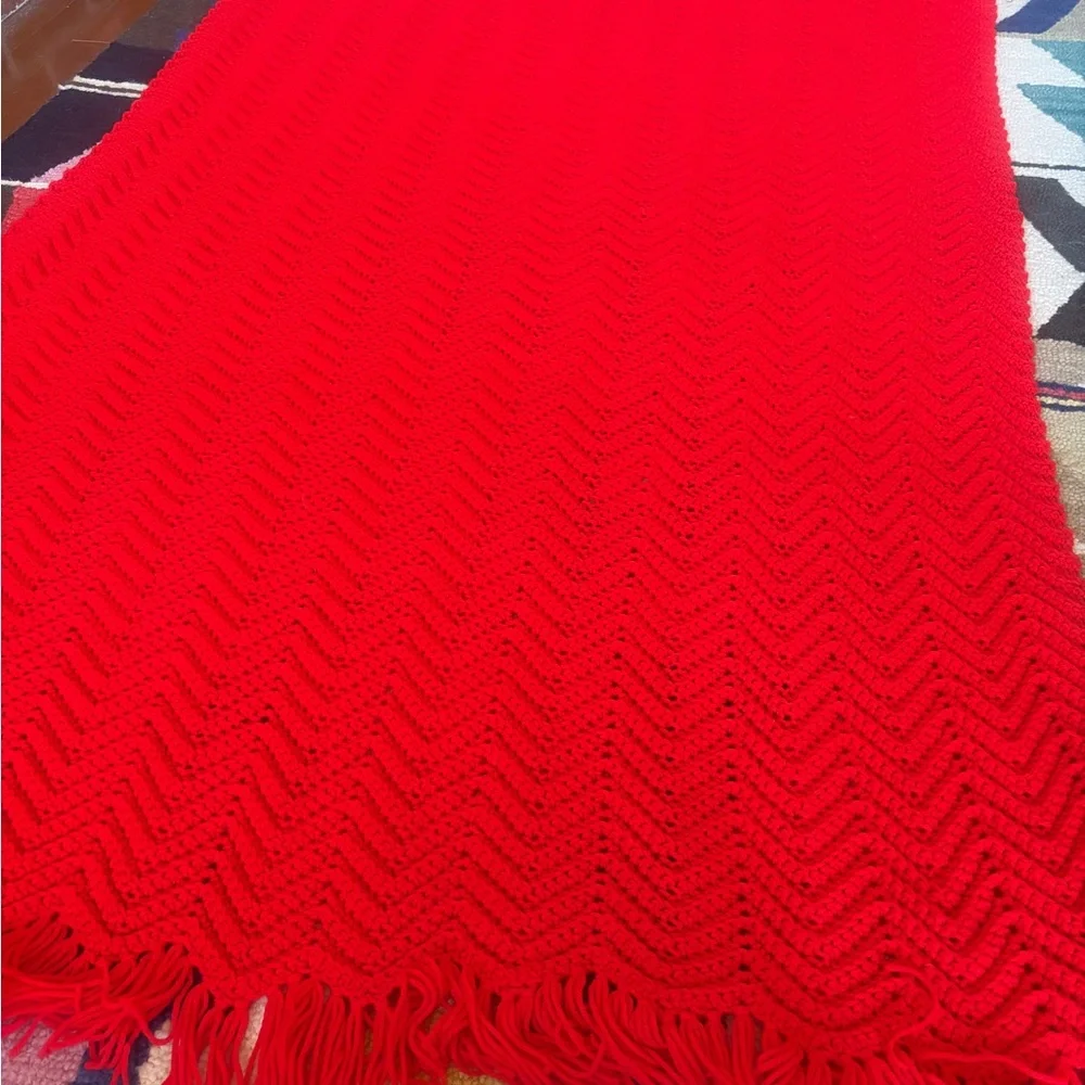 Like new handmade bright red chevron crochet blanket. No flaws. The pop of red! - Picture 2 of 3
